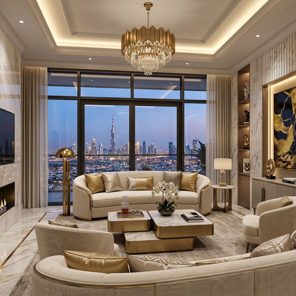 Luxury Living Room Interior with City View