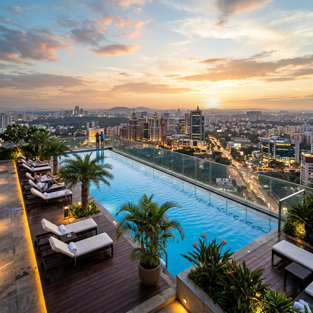 Rooftop Infinity Swimming Pool with Bangalore Skyline